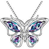 Aurora Tears Butterfly Birthstone Pendant Necklace - Women 925 Sterling Silver Butterflies Birthstone Pendant Necklace Jewelry Birthday Gift for Women