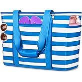 TEUEN Extra Large Beach Bags for Women, Waterproof Sandproof Beach Tote Bag Foldable Swim Pool Bag with Zipper and Wet Pocket