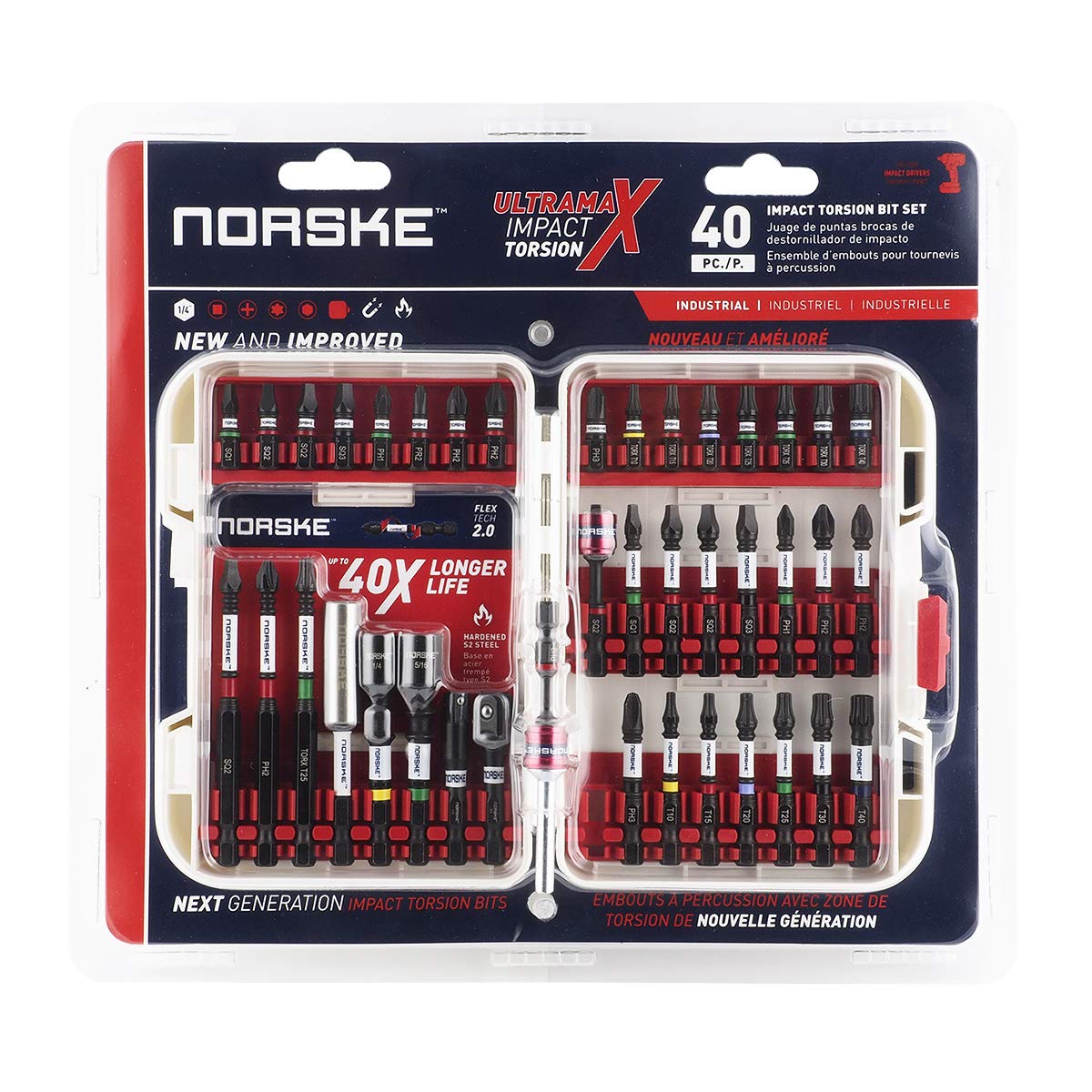 Norske Tools Juego de puntas de destornillador de impacto de 40 piezas: puntas de destornillador de torsión (PH, SQ), collar flotante, adaptadores de casquillo, aprietatuercas y soporte magnético para puntas