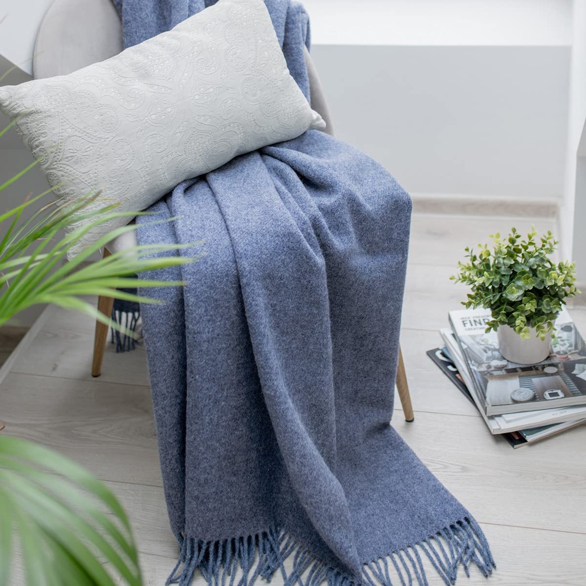 Linen & Cotton Soft Thick Wool Throw Blanket Columbus with Fringes - 100% Pure New Zealand Wool, Blue (140 x 200 cm) Warm Plaid Sofa Bed Couch Settee Bedspread Single Double Lambswool Travel Blanket