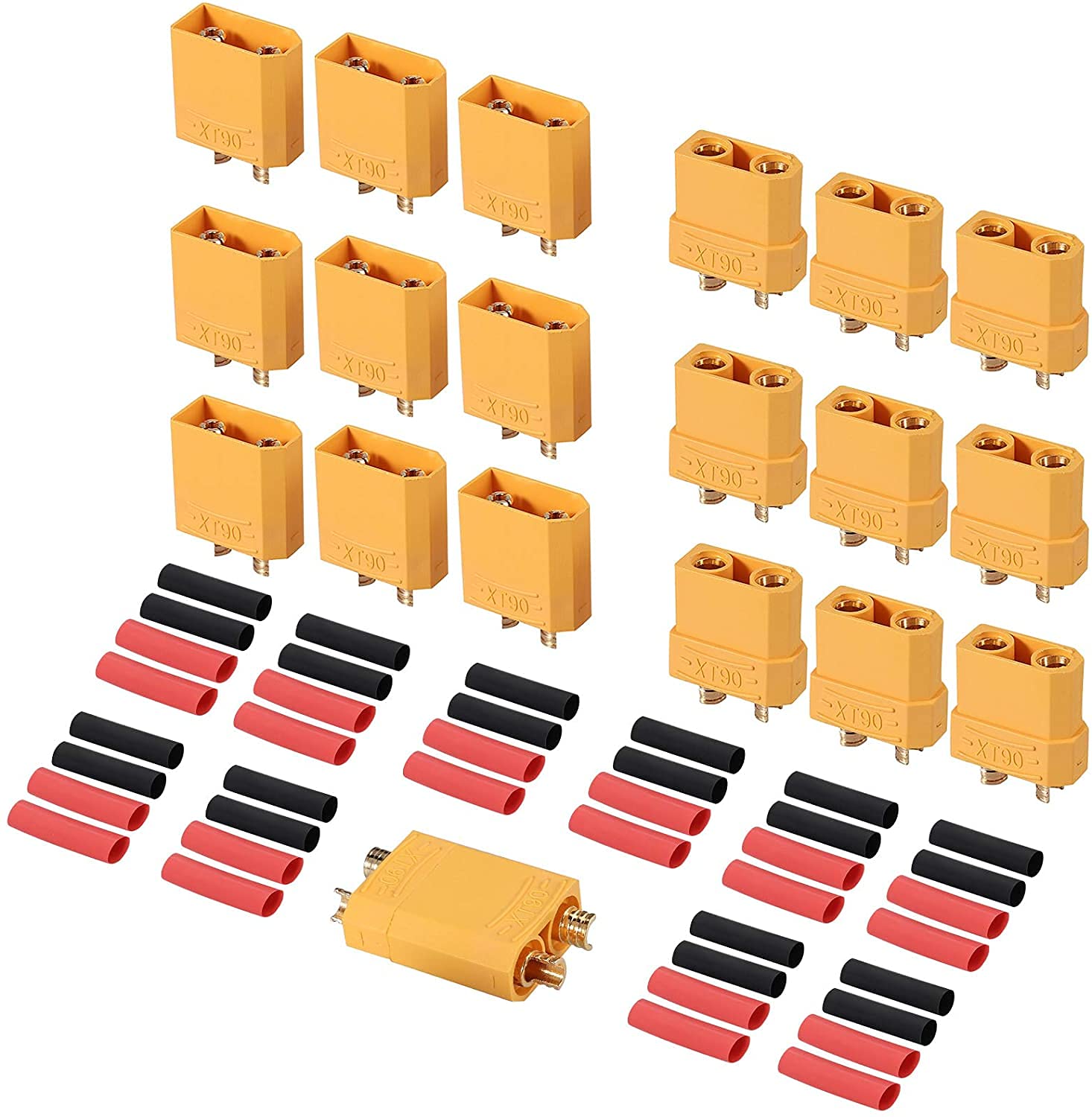 YUNIQUE GREEN-CLEAN-POWER - 10 Pairs of XT90 Male-Female Connectors | For RC Lipo Batteries, Drones, Airplanes | Includes 40 Heat Shrink Tubings, Yellow Red Black, Plastic