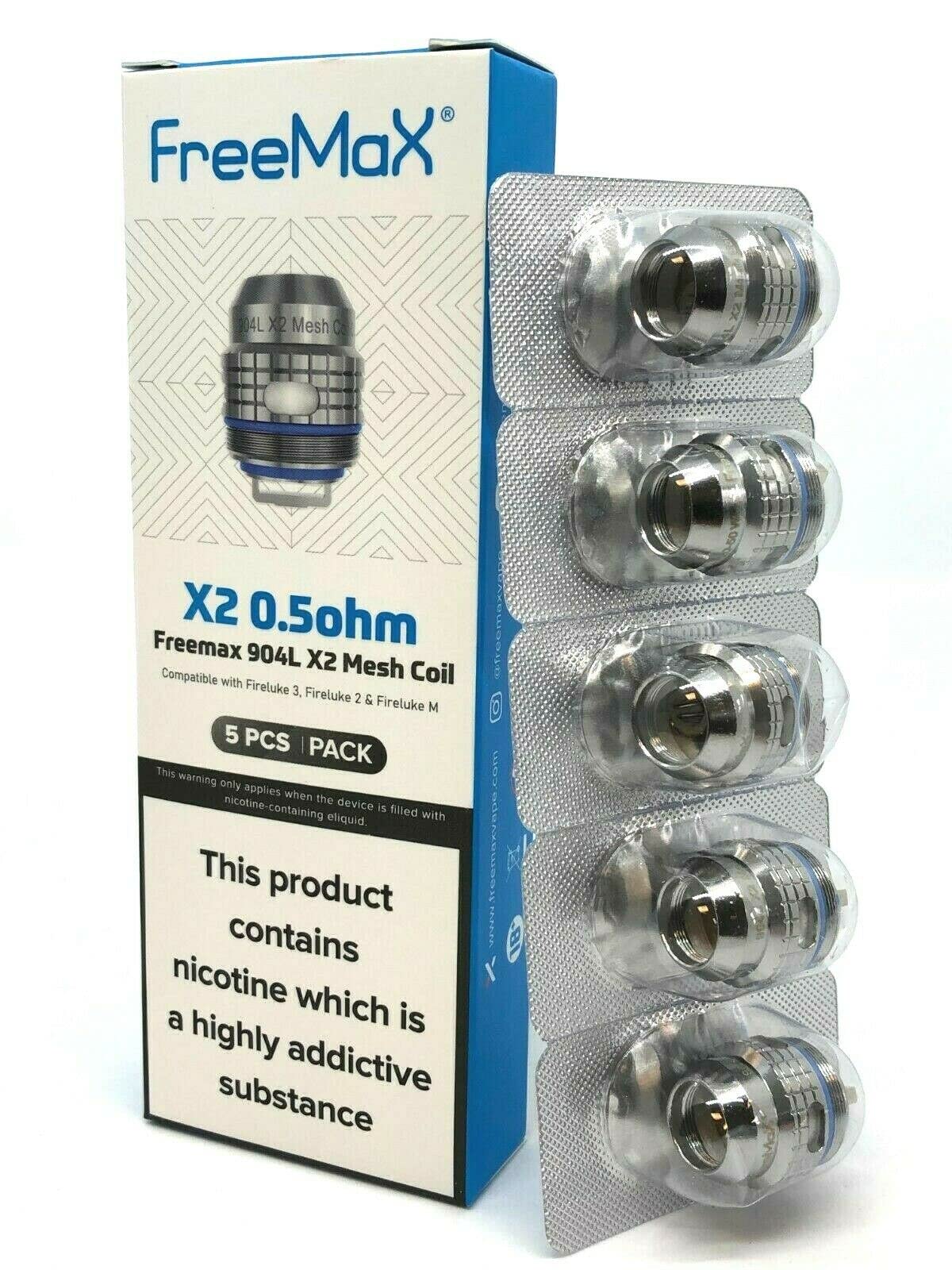 Freemax | 904L X Mesh Coils | Pack of 5 | X Series | for Fireluke 3, Fireluke 2 & Fireluke M Tanks - Contains No C₁₀H₁₄N₂ (X2-0.5 ohm)