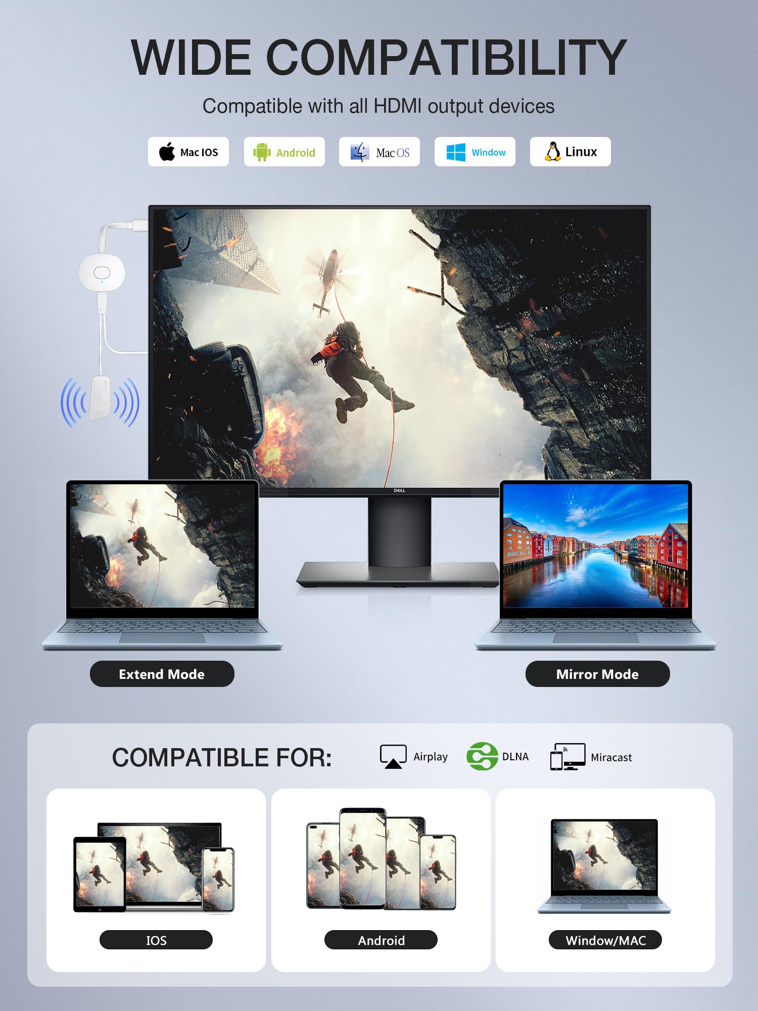 TIMBOOTECH Wireless HDMI Display Dongle, 4K Miracast Adapter Streaming YouTube Video/Audio Receiver for iPhone/iPad/iOS/Android/Mac/Laptop/PC to TV/Projector/Monitor - Miracast, DLNA, Airplay