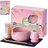 JUL WIND Matcha Whisk Set, Ceramic Matcha Set Includes Bowl with Spout, Whisk and Holder, Bamboo Scoop, Sifter and Tea Towel - 6 Pcs Matcha Kit Gift for Lovers Beginners (Pink)