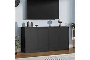 Housoul Buffet Cabinet with 4 Doors, Coffee Bar Cabinet with Adjustable Shelf, Modern Kitchen Buffet Sideboard for Living Room, Kitchen, Black [2-Set]