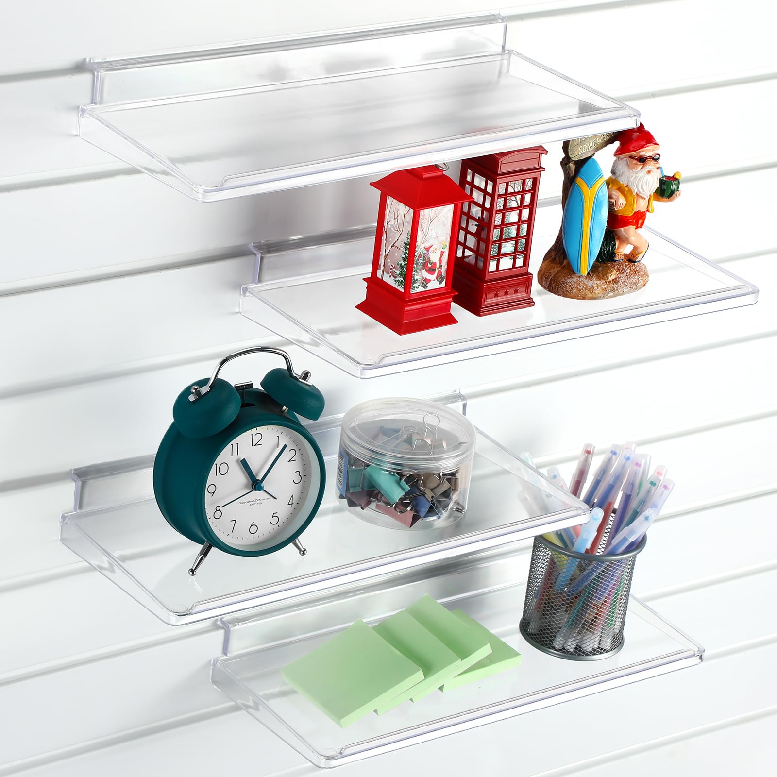 Photo 1 of Briwooody 4 Pack Slatwall Shelves 14.5 x 5.9 in Plastic Clear Panel Shelve Wall Mount Hanging Slatwall Accessories