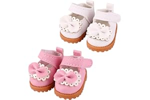 LYREH 2 Pairs Mini Doll Shoes for 17cm Dolls, Kawaii Fashion Leather Shoes Cute Toy Outfit Accessories (Pink, White)