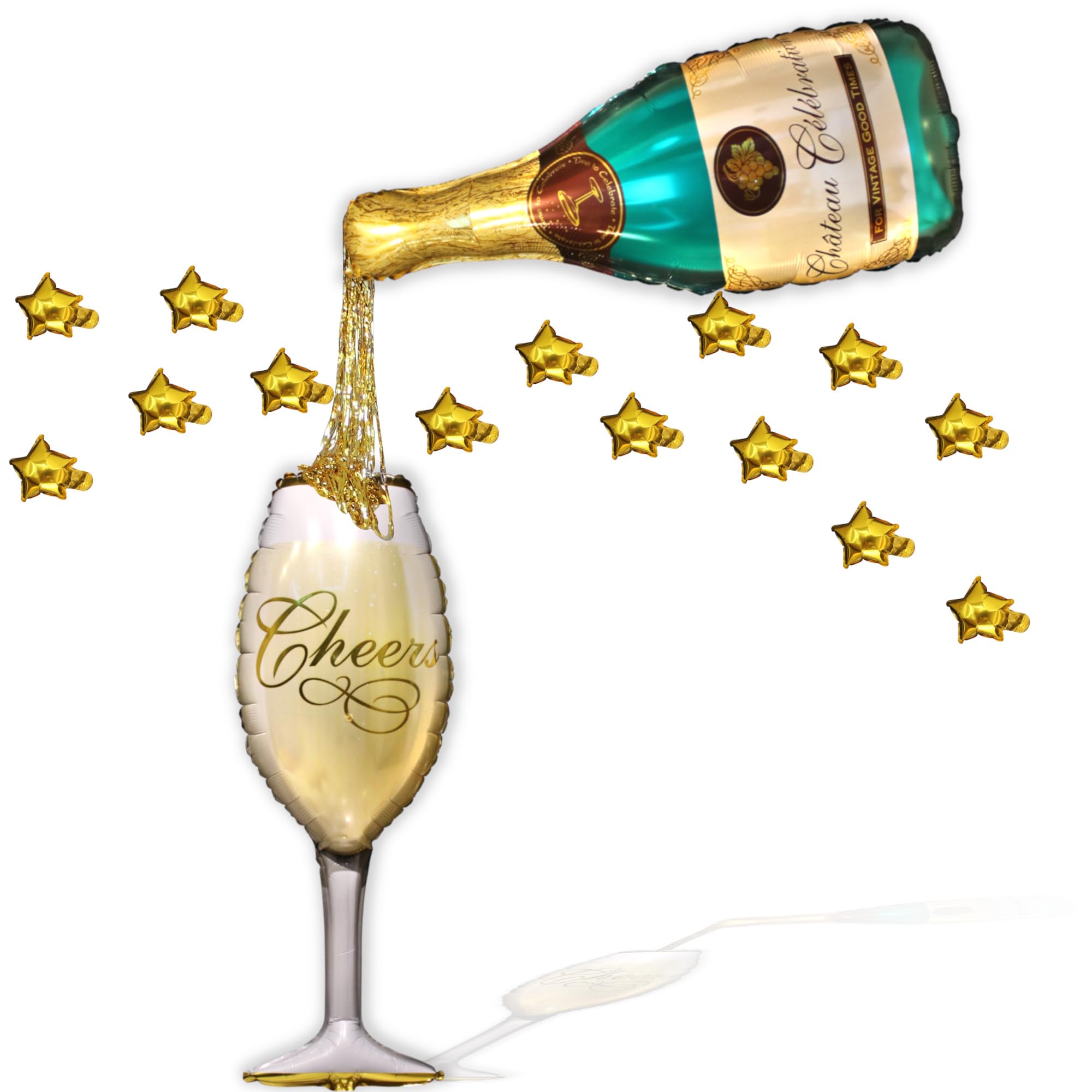 Party Decoration for Special Events Giant Inflatable Champagne Bottle and Glass. Gold Star Balloons. Bachelor Parties, Birthdays, Anniversaries, Celebrations