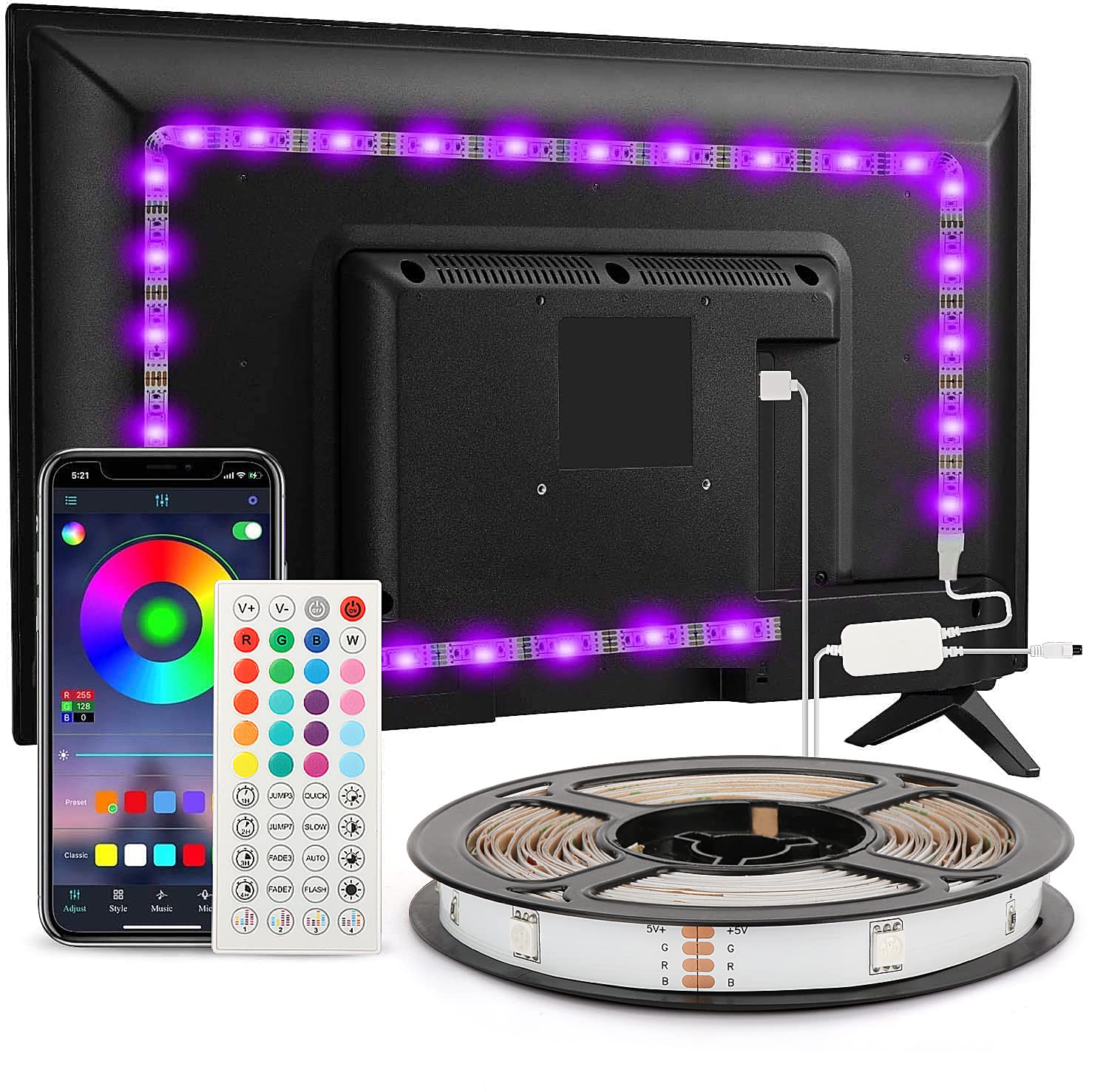 Enteenly LED TV Strip 3 Meter, LED Strip Light Backlight TV 40-55in, 5050 RGB USB with Remote Control Multi-Color DIY Music Rhythm LED Strip Controlled by APP for HDTV Monitor Screen PC
