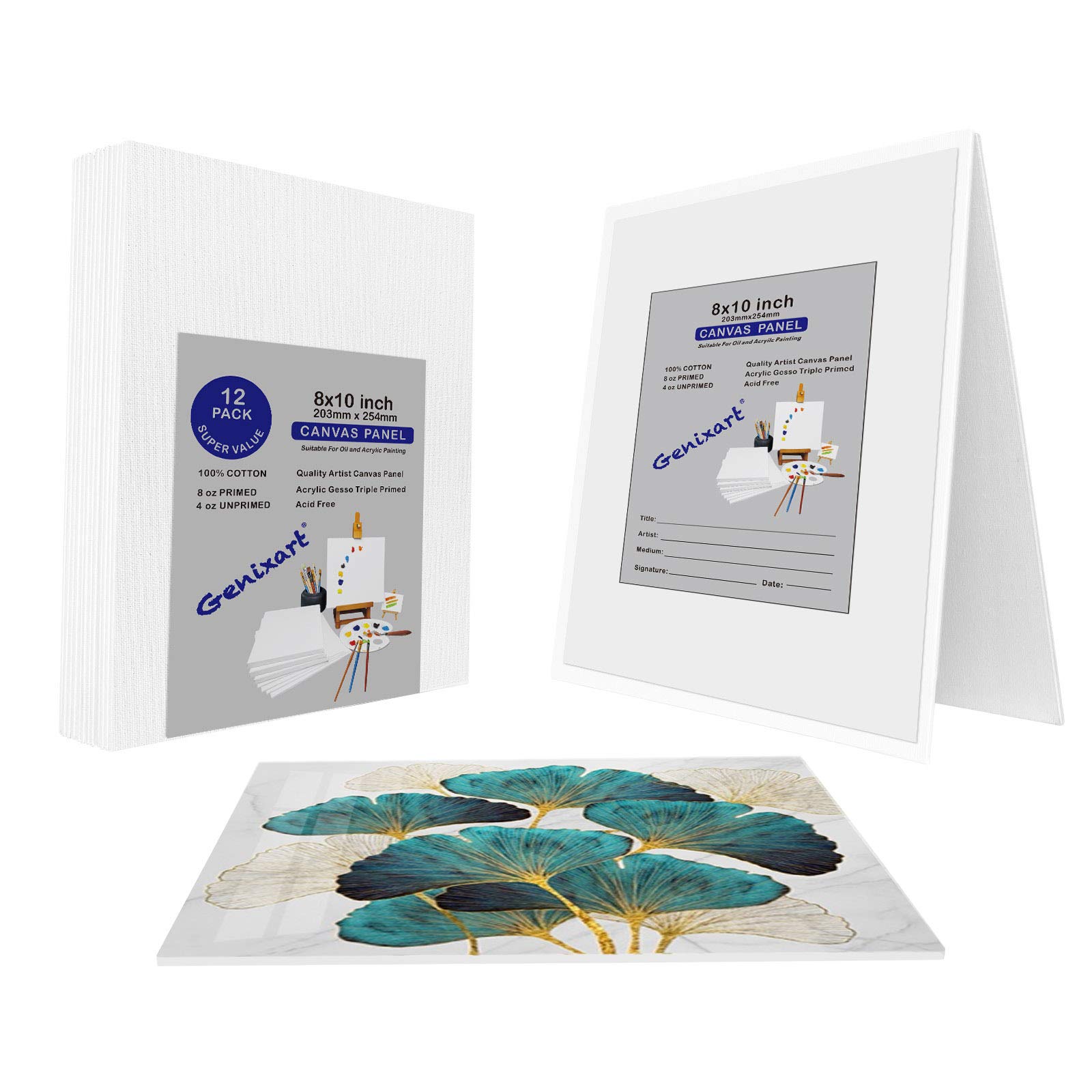 Genixart White Blank Canvas Panels, 20x25cm / 8"x10" Inch 12 Pack, Primed Professional Artist Canvases Boards for Acrylics & Oils Painting