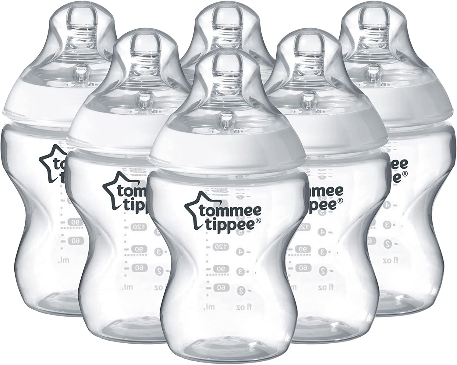 Tommee Tippee Closer to Nature Baby Bottles, Slow Flow Breast-Like Teat with Anti-Colic Valve, 260ml, Pack of 6, Clear