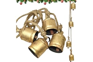 FYNJREX Handicrafts Shabby Chic Country Style Rustic Metal Hanging Giant Cow Bells, Antique Gold, Home Christmas Decor Lucky Bells 4, Wreath and Mantle docration