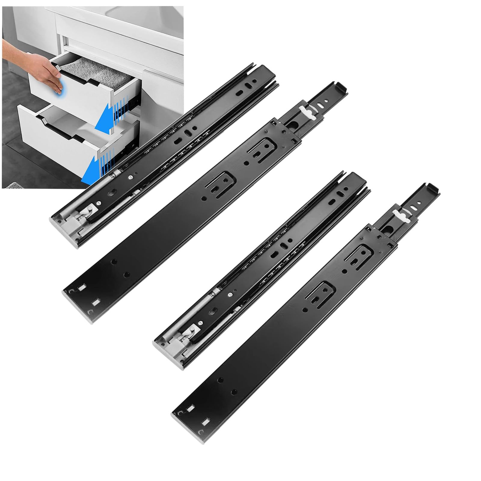 2 Pairs(4pcs) Push to Open Drawer Runner,16" Full Extension Cabinet Slide,100lb Load Capacity Side Mount Ball Bearing Kitchen Cabinet Slides Replacement Rails Guide Glides