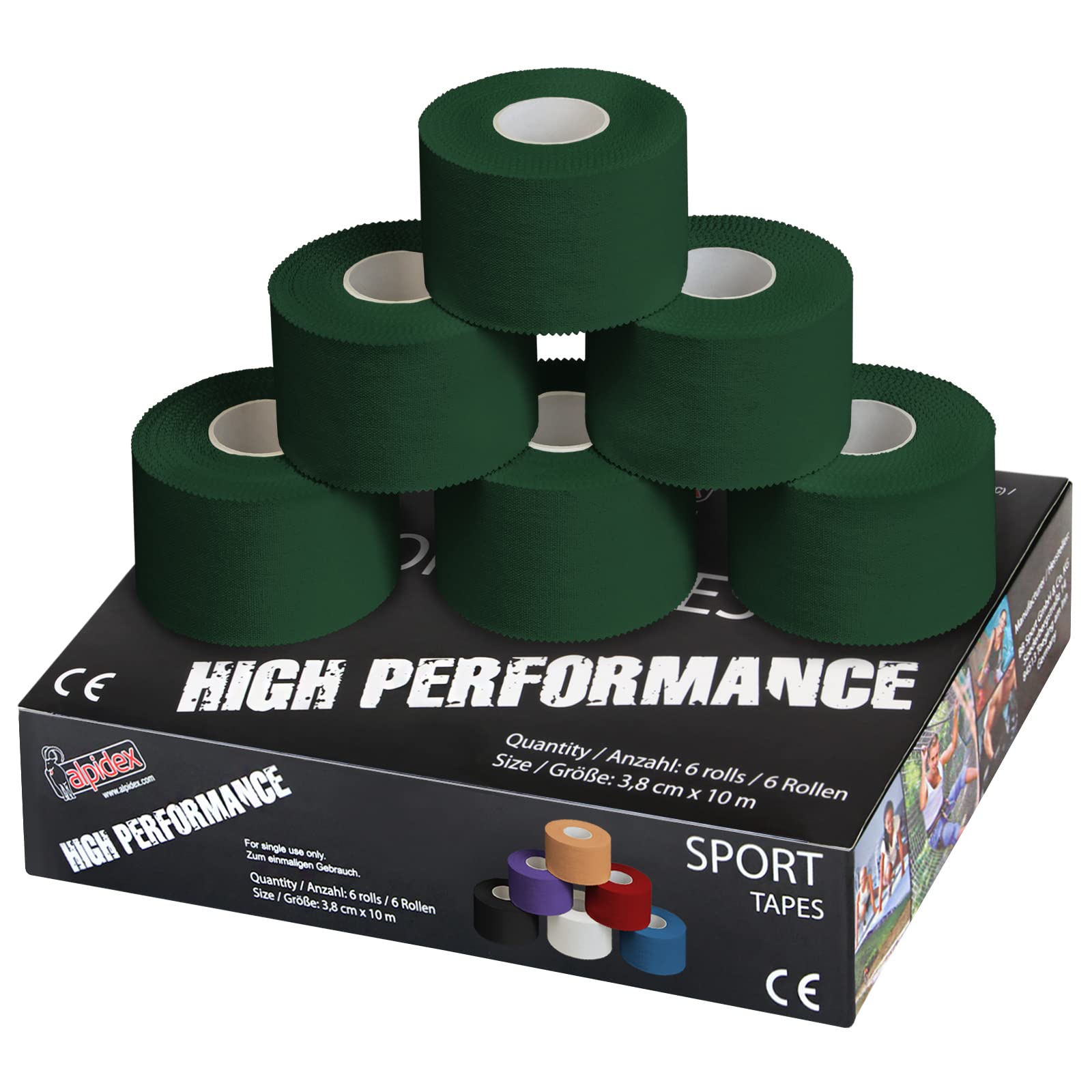 ALPIDEX 6 x Sports Tape 10 m x 3.8 cm Many Colours Zinc Oxide Finger Tape Tearable Skinfriendly Handball Football Volleyball Rugby, Colour:green