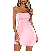 HYPERFIRE Women's Summer Spaghetti Strap Satin Mini Dress Smock Cami Short Dresses Party Evening