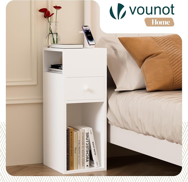 ® Juego de 2 Mesita de Noche Estrecha con 2 Compartimentos Abiertos y 1 Cajón 25x30x66cm, Mesilla de Noche Pequeña Estilo Moderno, Mesa Auxiliar Alta para Dormitorio Salón Sala de Estar, Blanco