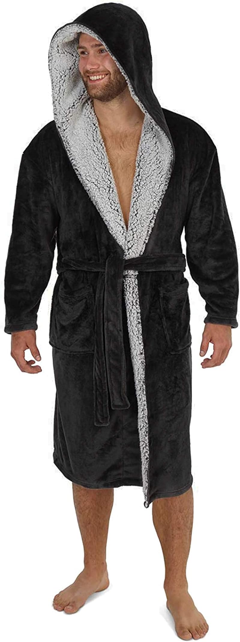 CityComfort Men's Hooded Fleece Dressing Gown 2XL Charcoal Black