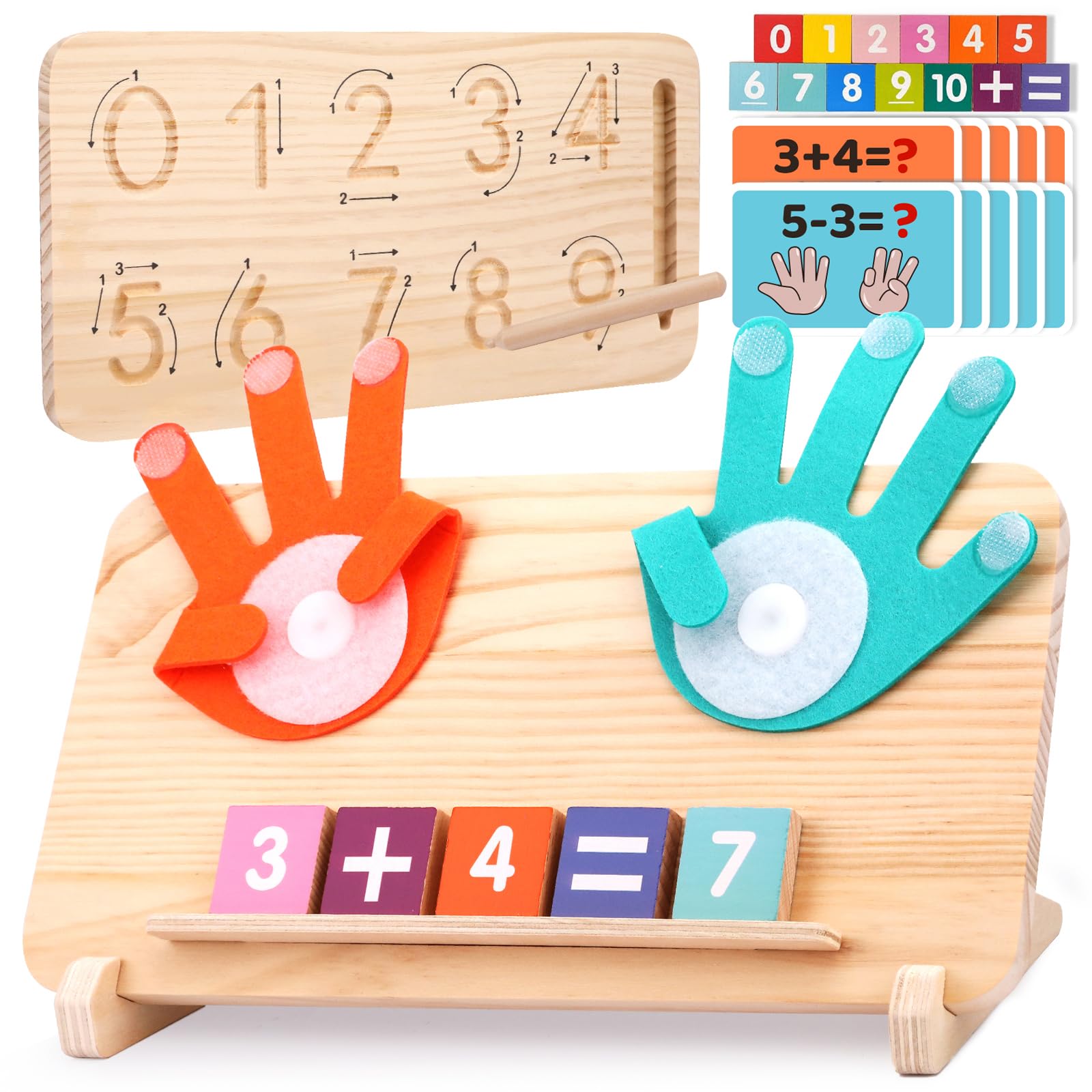 Montessori Learning Toys for Toddlers 2-4, Double-Sided Finger Counting & Number Tracing Board, Number Blocks,Solid Pine Wood Educational Math Toy for Kids Boys Girls Ages 3 4 5 Year Old Birthday Gift
