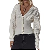 GORGLITTER Women's Cable Knit Sweater Button Up Cardigan V Neck Dolman Long Sleeve Cinched Waist Tops Fitted Sweater