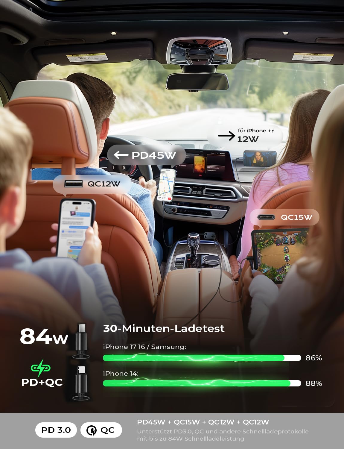 LISEN 84W Zigarettenanzünder USB C Einziehbares Auto SchnellLadegerät Adapter - 2026 Personalisierte Geschenke für Männer Frauen, Auto Zubehör Innenraum Organizer Camping Gadgets für iPhone & Android 3