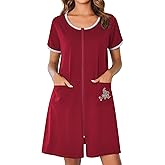 Ekouaer Zip Up Robes for Women Short Sleeves Zipper House Coat Short Bathrobes Lightweight Nightgown with Pockets S-3XL