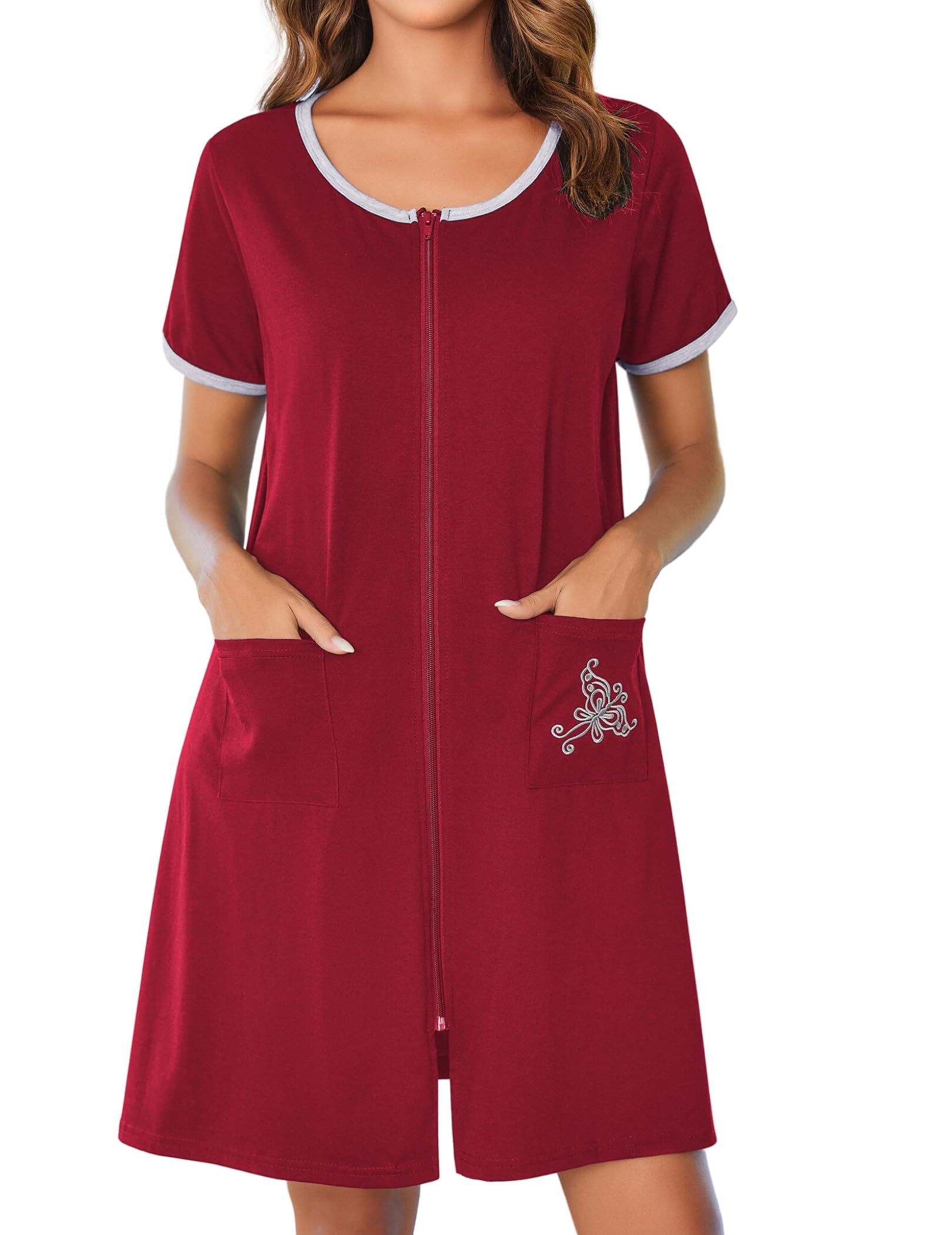 Photo 1 of Ekouaer Zip Up Robes for Women Short Sleeves Zipper House Coat Short Bathrobes Lightweight Nightgown with Pockets S-3XL