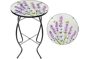 MUMTOP Outdoor End Tables for Patio, Lavender Small Round Side Table, Glass Accent Table for Outside, Garden, Balcony, Porch,