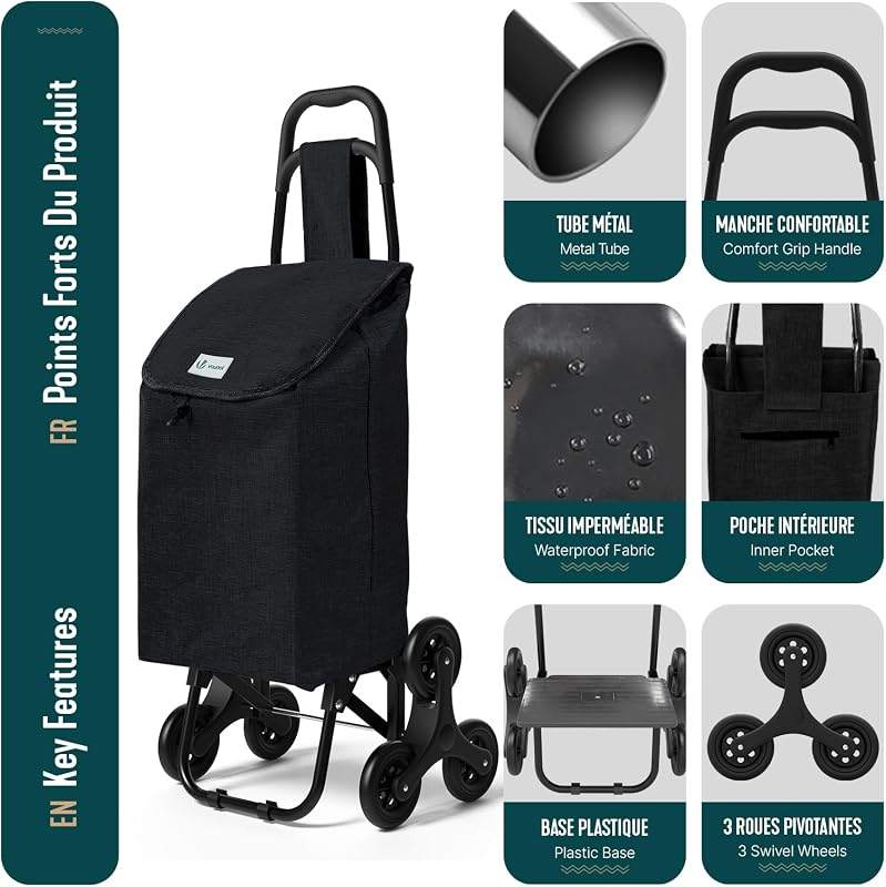® Carro de la Compra con 6 Ruedas para Subir Escaleras, Carrito de la Compra Plegable, Bolsa Impermeable de 32 L, Negro