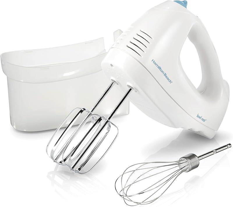 Hamilton Beach 6-Speed Electric Hand Mixer with Whisk, Traditional Beaters, Snap-On Storage Case, 250 Watts, White