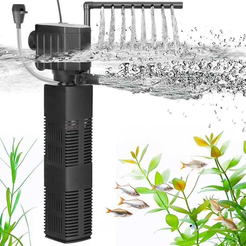 AQQA 4-in-1 Fish Tank Filter 650L/h Adjustable Flow for Up to 200L