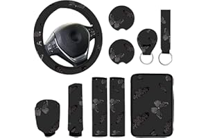 JINGSEN 10 PCE Mushrooms Car Steering Wheel Cover for Women Center Console Armrest Pad Headrest Seat Belt Cover Car Accessories for Women Interior,Car Accessories Set(Black Butterfly)
