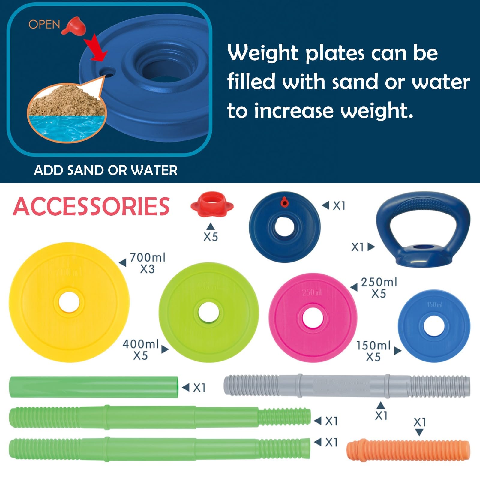 Kids Exercise Weight Set - 3-in-1 Adjustable Workout Toy Equipment for Children Pretend Play Exercise - Toddler Beginner Gym, Fitness, Weightlifting and Powerlifting (Dumbbell, Barbell, Kettlebell)