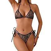 WODECASA Bikini Sets V Neck Triangle Two Piece Swimsuit Floral Lace Halter Tie Side Tie Back High Cut Sexy Bathing Suit