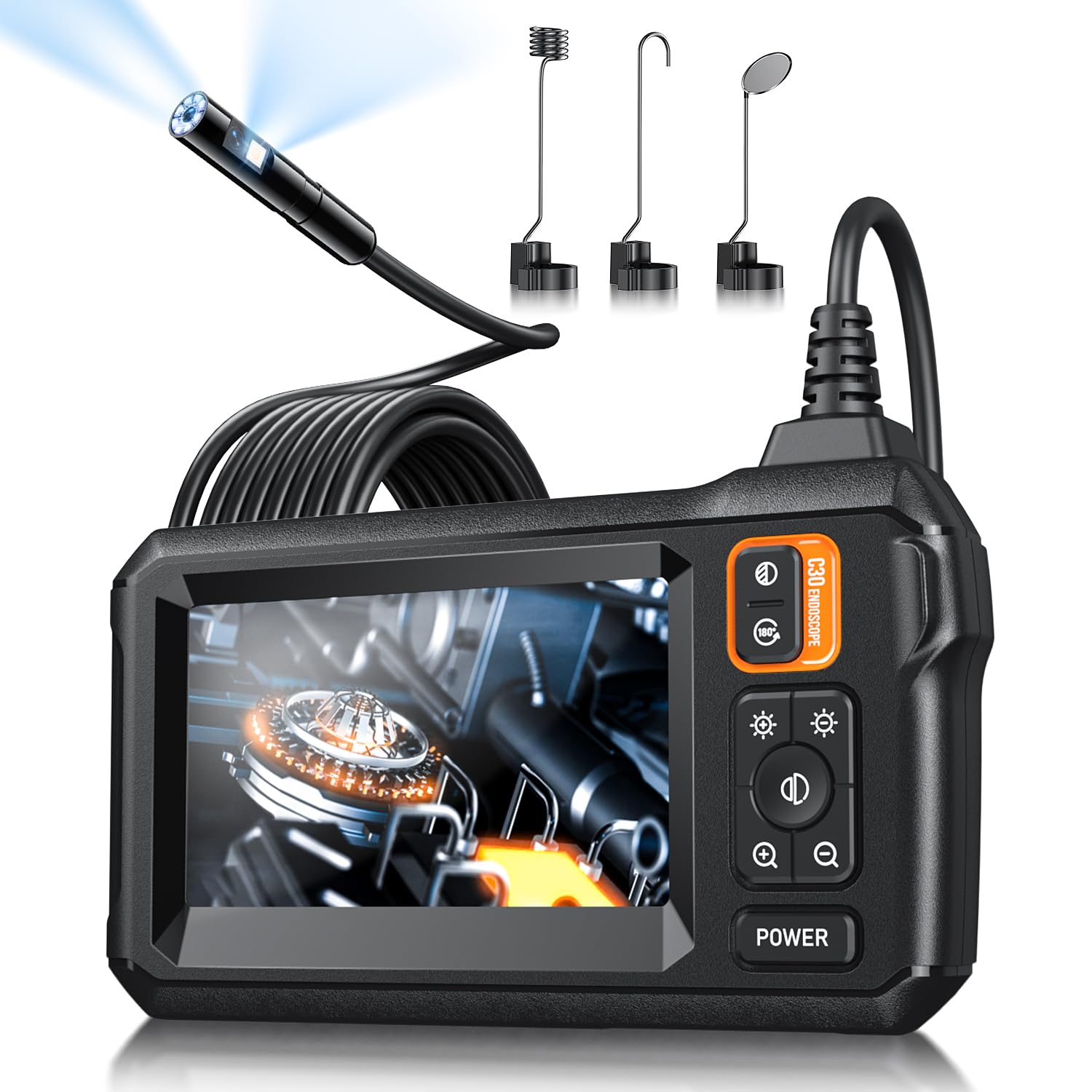 Photo 1 of Endoscope Camera with Light, Inspection Borescope Camera with 4.3" IPS Screen, 1920P HD with 8 LED Lights, 10FT Semi-Rigid Cord Bore Scope, IP67 Waterproof Endoscope for Sewer, Dual Lens(Orange)
