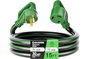 islewire 30 Amp 15 Feet RV Extension Cord with Grip Handle, Heavy Duty 10 Gauge 3-Prong 125V STW Pure Copper RV Cord, NEMA TT-30P/R with Cord Organizer for RV Trailer Campers, Black&Green, ETL Listed