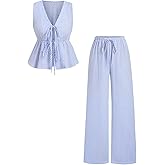 SweatyRocks Women's 2 Piece Outfits Striped Bow Tie Front Sleeveless Peplum Top and Pants Sets