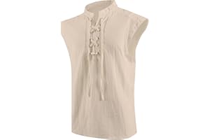 mogenda Mens Medieval Renaissance Pirate Costume Sleeveless Lace-up Stand Collar Shirt Gothic Viking Steampunk Top Tunic