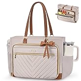 LOVEVOOK Laptop Teacher Tote Bag for Women, Work Nurse Bag with Large Cup Holder, Quilted Diaper Bag for Travel, Computer Women's handbags for Teacher gift, Apricot-brown, 15.6 Inch