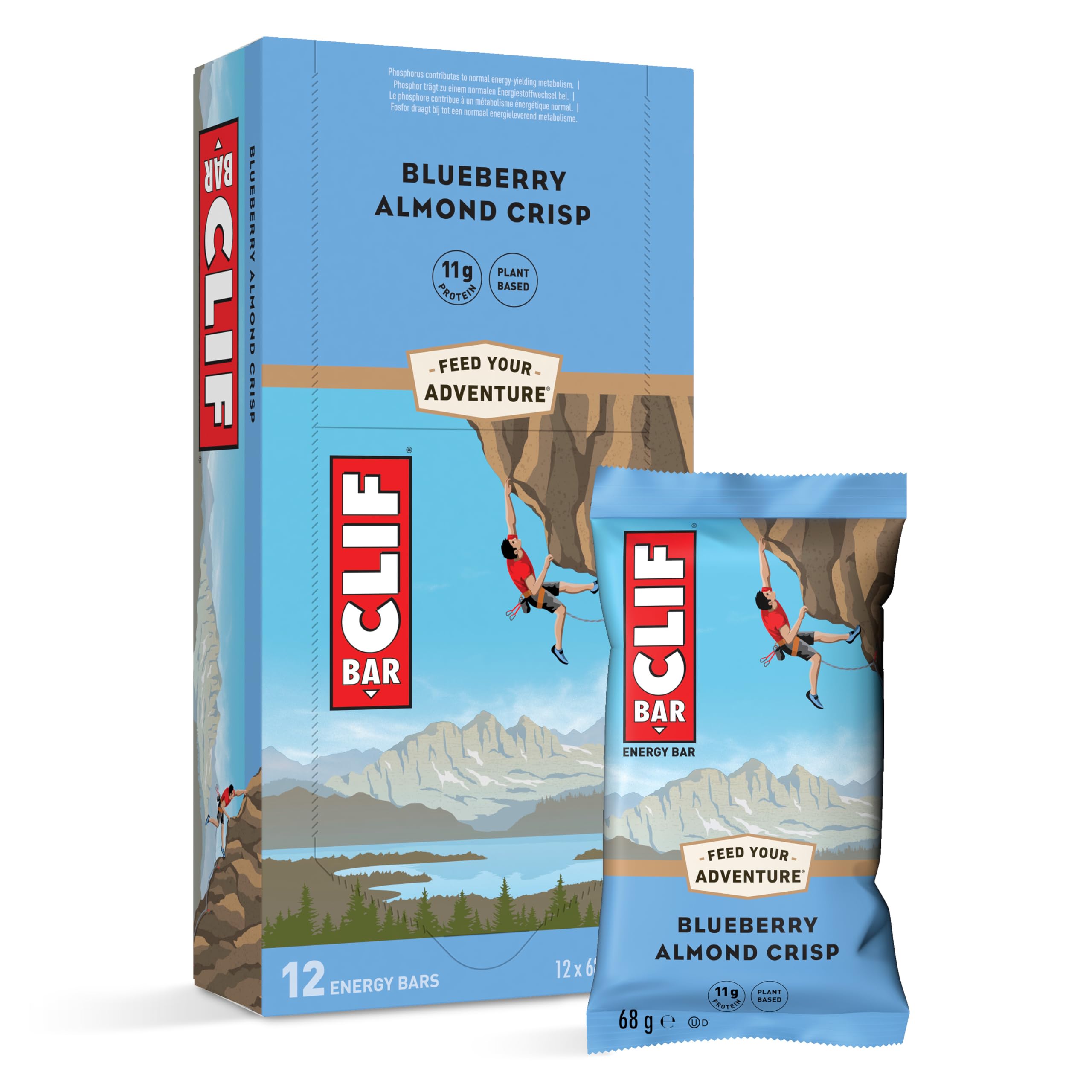 CLIF BAR | Energieriegel | mit 11g pflanzlichem Eiweiß | Blueberry Almond Crisp | Energy Bar | Pflanzlicher Proteinriegel für Laufen, Marathon-Training, Radfahren und Ausdauersport | 12 x 68 g