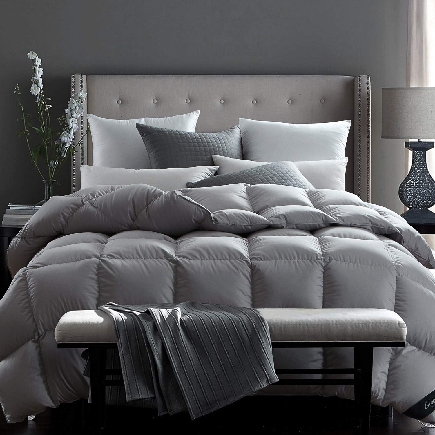 Globon Fusion White Goose Down Comforter King Size 60oz Fill Weight, 600 Fill Power, Upgraded 100% Cotton Shell, Hypoallergenic, with Corner Tabs, Heavy Weight for Winter, Grey