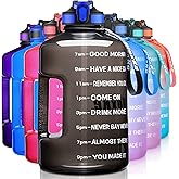SLUXKE 1 Gallon Motivational Sports Water Bottle with Time Marker, BPA Free 128oz Leak Proof Jug, Black, Plastic, 128 ounces, Fitness, Sports, Outdoor Activities