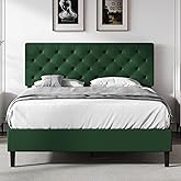 REVOMINCA Queen Faux Leather Bed Frame with Headboard, Green | Upholstered platform bed with wooden slat support, no box spring needed.