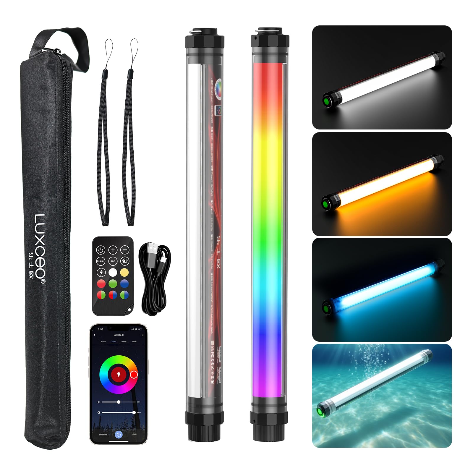 LUXCEO LED Video Light, Waterproof IP68 RGBW Tube Light, 360° Full Color Photography Light with APP, 3000K-6000K Portable LED Light Wand, 1000Lumen, CRI95+ TLCI97+, 12 Lighting Modes,10400mAh Battery