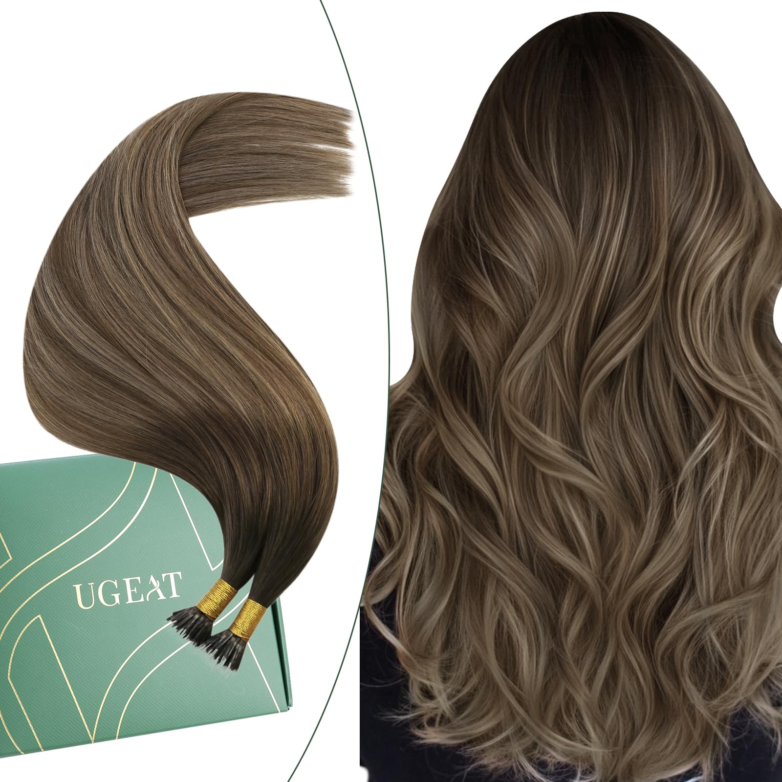 Ugeat 20Inch Nano Bead Hair Exetnsions Human Hair Balayage Dark Brown to Golden Brown Mix Golden Blonde Nano Hair Extensions Ombre 50G 50S #4/10/16 — image 1