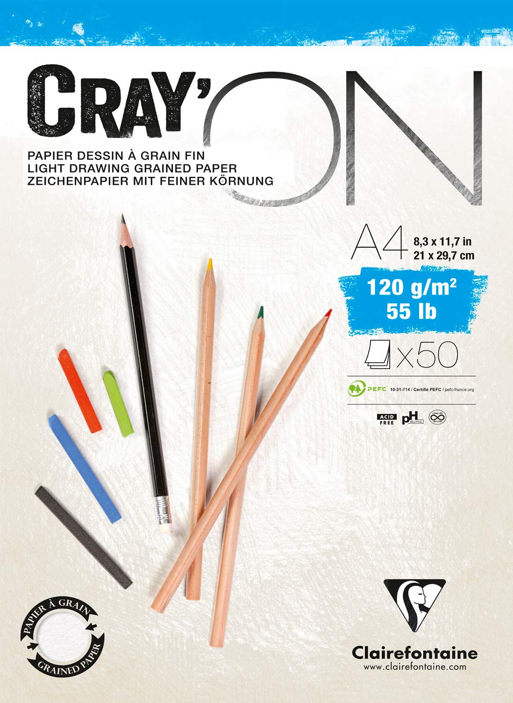 Clairefontaine - Ref 975020C - Cray'On White Glued Sketch Pad (50 Sheets) - A4 (21 x 29.7cm) Size, 120gsm 100% Cellulose Paper, Grained One Size & Smooth Other Side