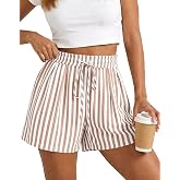 PRETTYGARDEN Elastic Waist Summer Shorts for Women with Pockets | Soft Textured Cute Pajama Bottoms with Pockets, Striped Plaid Floral, Trendy 2026 Y2k Outfits, Travel Beach Vacation Clothes