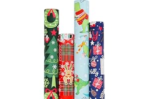 Christmas Wrapping Paper for Gift 4 Rolls, Funny Santas, Cute Dinosaur, Christmas Wreath, Tree, Reindeers - Suitable for Vari