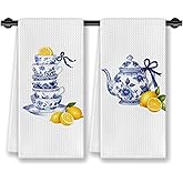 CosxHabitat Chinoiserie Lemon Kitchen Dish Towels, Grand Millenial Decor, Coquette Bow Blue and White Porcelain Lemon Decorative Hand Tea Towels for Kitchen Bathroom, 16x24 Inches Set of 2