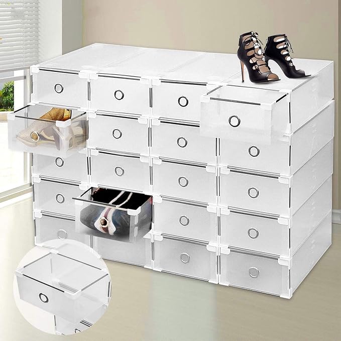 TryESeller 20 Unids Caja de Almacenamiento de Zapatos Apilable Plegable Plástico Holder Armario Caja Organizador Transparente Cajón Claro