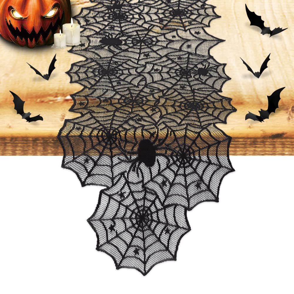 View 1 of **RUNNER ONLY** Nialnant Halloween Decoration Table Runner with 12 Pack 3D Bats, Spider Web Black Lace Table Runner for Kitchen Dinner Table, Halloween Party Decoration Indoor - 13 x 72 Inch